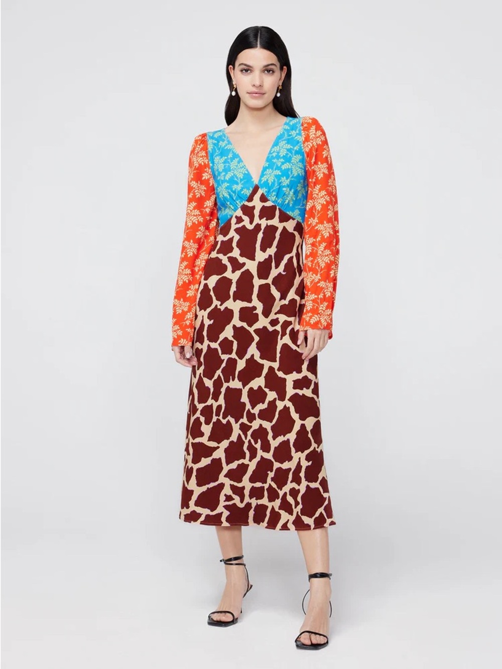 Kitri Mixed-Print V-Neck Midi Dress in Blue, Orange and Brown